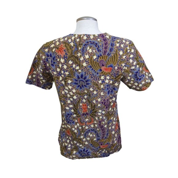 Batik Keris Womens Medium Cotton Short Sleeve Batik Floral Shirt Button Up Boho - Picture 3 of 8